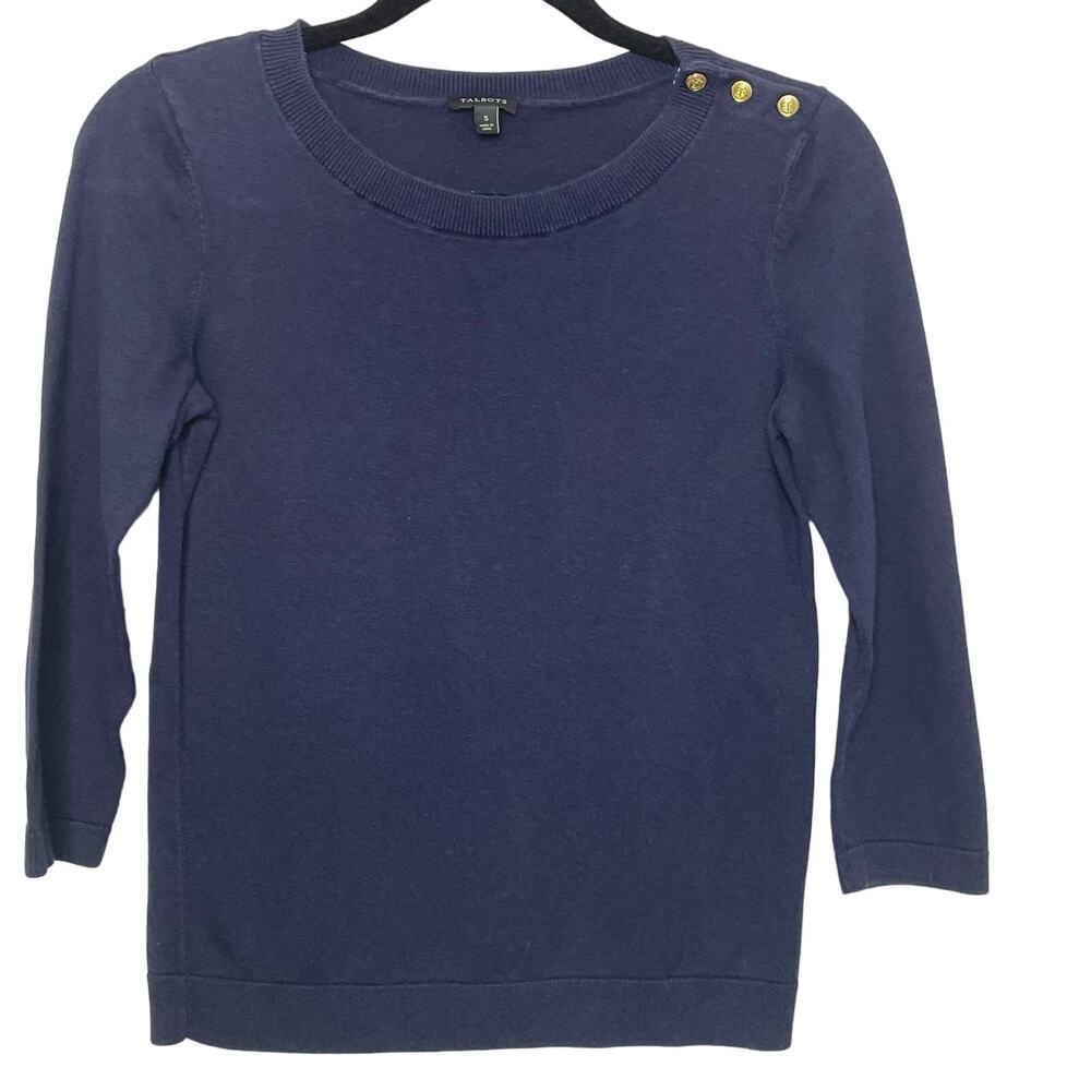 Talbots Sweater Sailor Button‎ Shoulder Crew Neck Pullover Nautical Coast Blue S